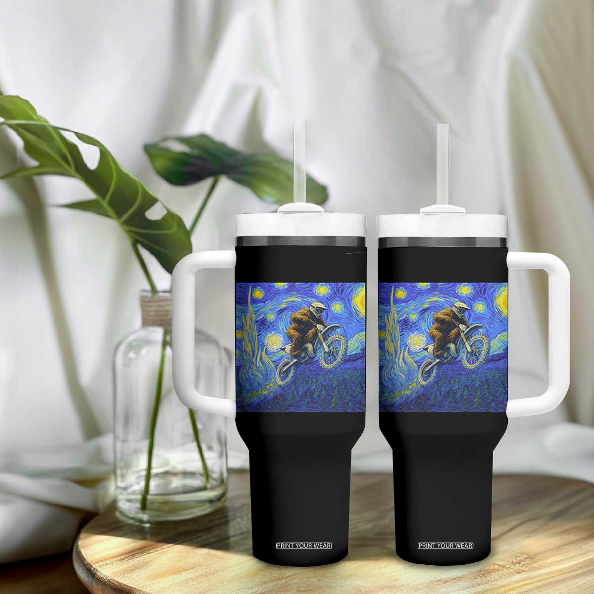 Bigfoot Dirt Bike Sasquatch Tumbler With Handle Starry Night Van Gogh Biker TS14 Print Your Wear