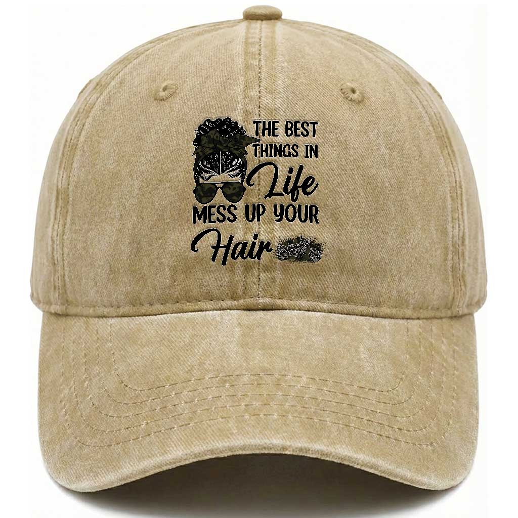Funny Biker Woman Washed Cotton Baseball Cap The Best Things In Life Mess Up Your Hair TS14 Washed Cap Universal Fit Khaki Print Your Wear