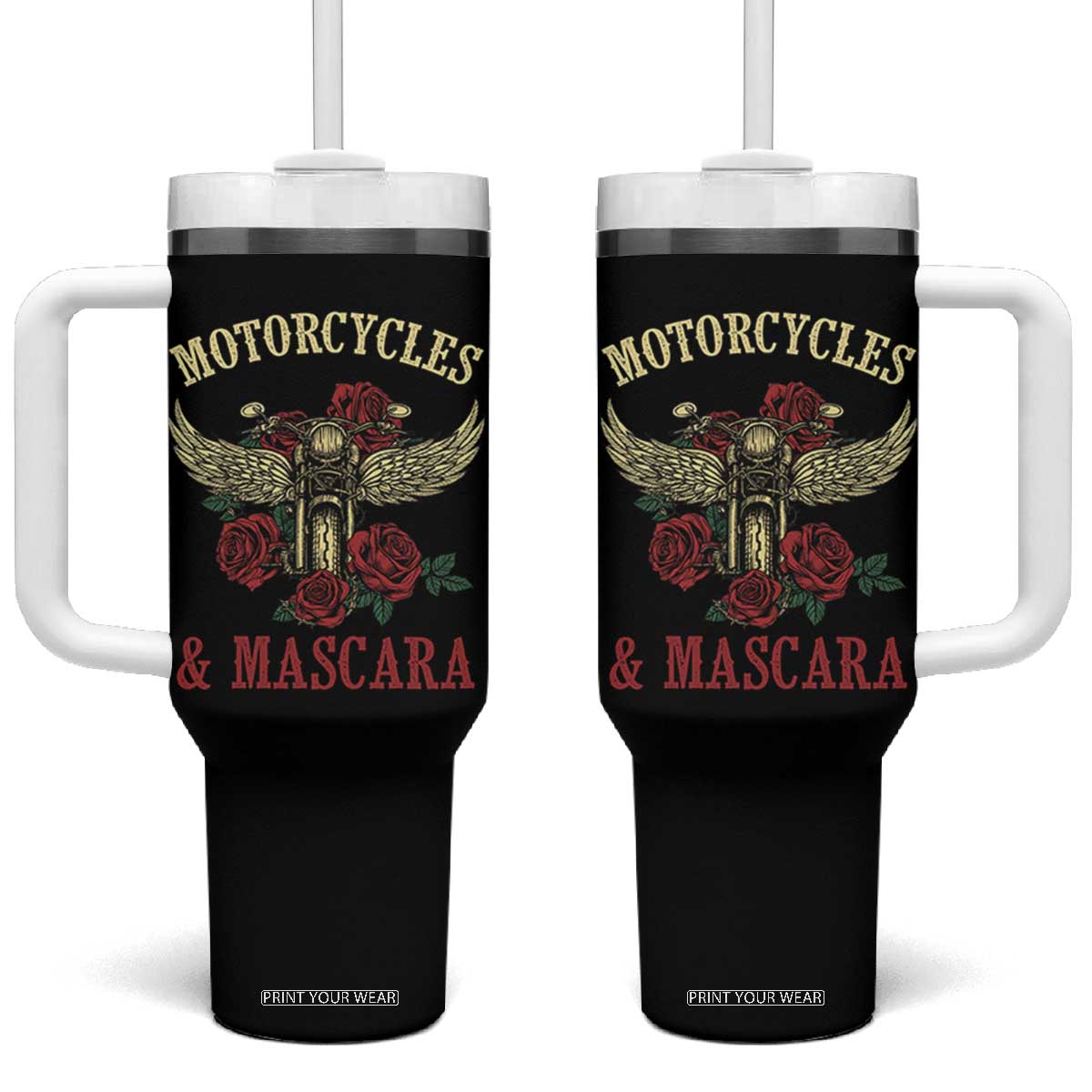 Motorcycle Women Biker Tumbler With Handle Motorcycles And Mascara Roses TS14 One Size: 40 oz Black Print Your Wear