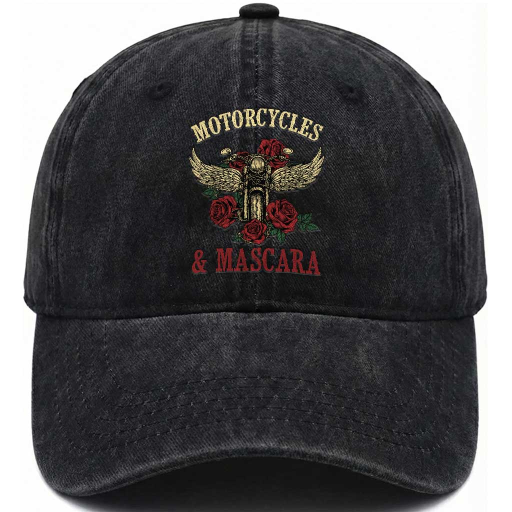 Motorcycle Women Biker Washed Cotton Baseball Cap Motorcycles And Mascara Roses TS14 Washed Cap Universal Fit Black Print Your Wear