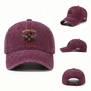 Motorcycle Women Biker Washed Cotton Baseball Cap Motorcycles And Mascara Roses TS14 Washed Cap Universal Fit Burgundy Print Your Wear