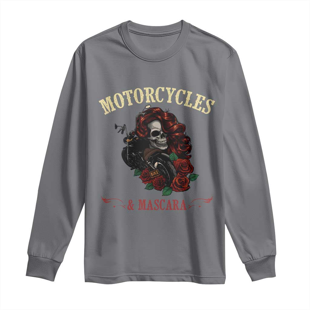 Skeleton Motorcycle Biker Long Sleeve Shirt Motorcycles And Mascara Roses TS14 Charcoal Print Your Wear