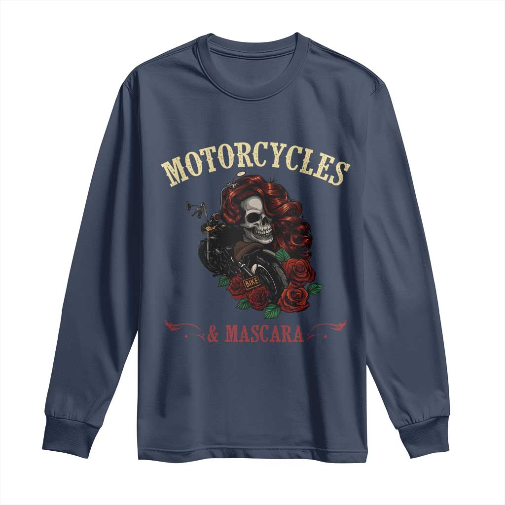 Skeleton Motorcycle Biker Long Sleeve Shirt Motorcycles And Mascara Roses TS14 Navy Print Your Wear