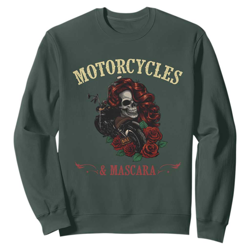 Skeleton Motorcycle Biker Sweatshirt Motorcycles And Mascara Roses TS14 Dark Forest Green Print Your Wear