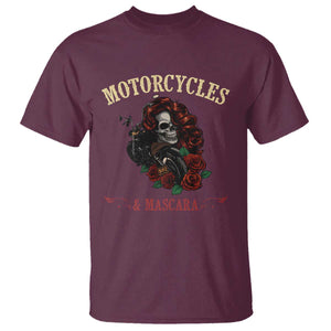 Skeleton Motorcycle Biker T Shirt Motorcycles And Mascara Roses TS14 Maroon Print Your Wear