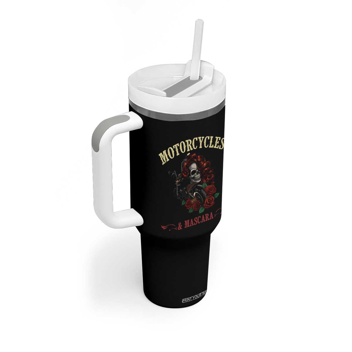 Skeleton Motorcycle Biker Tumbler With Handle Motorcycles And Mascara Roses TS14 Print Your Wear