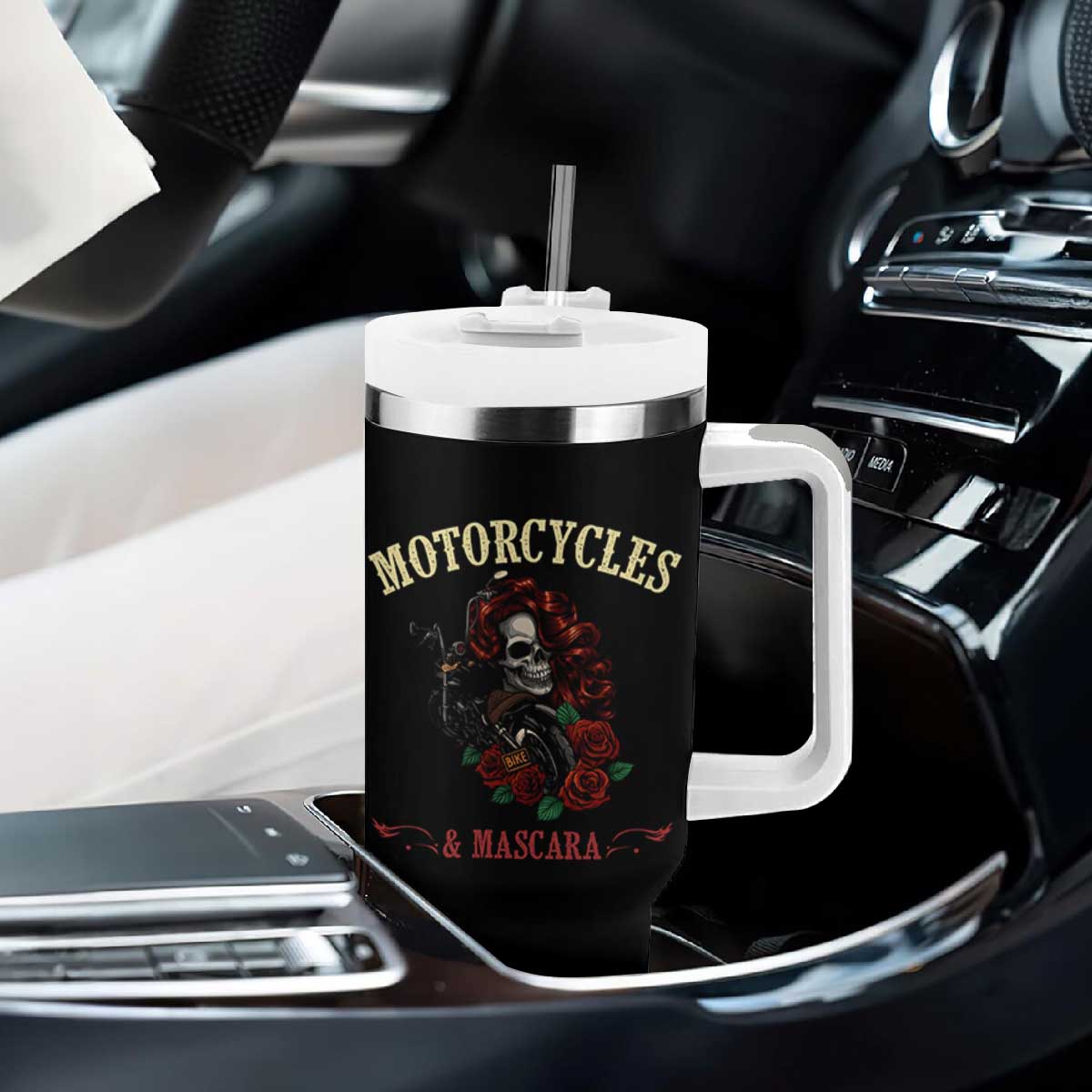 Skeleton Motorcycle Biker Tumbler With Handle Motorcycles And Mascara Roses TS14 Print Your Wear