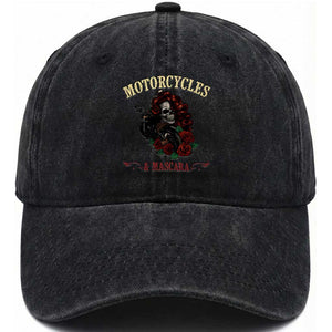 Skeleton Motorcycle Biker Washed Cotton Baseball Cap Motorcycles And Mascara Roses TS14 Washed Cap Universal Fit Black Print Your Wear