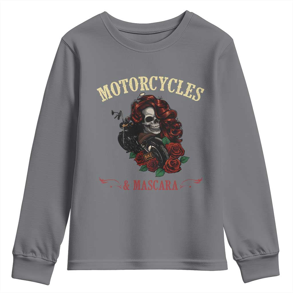 Skeleton Motorcycle Biker Youth Sweatshirt Motorcycles And Mascara Roses TS14 Charcoal Print Your Wear