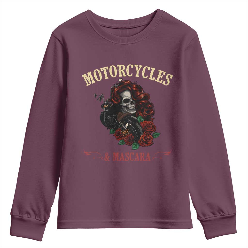 Skeleton Motorcycle Biker Youth Sweatshirt Motorcycles And Mascara Roses TS14 Maroon Print Your Wear