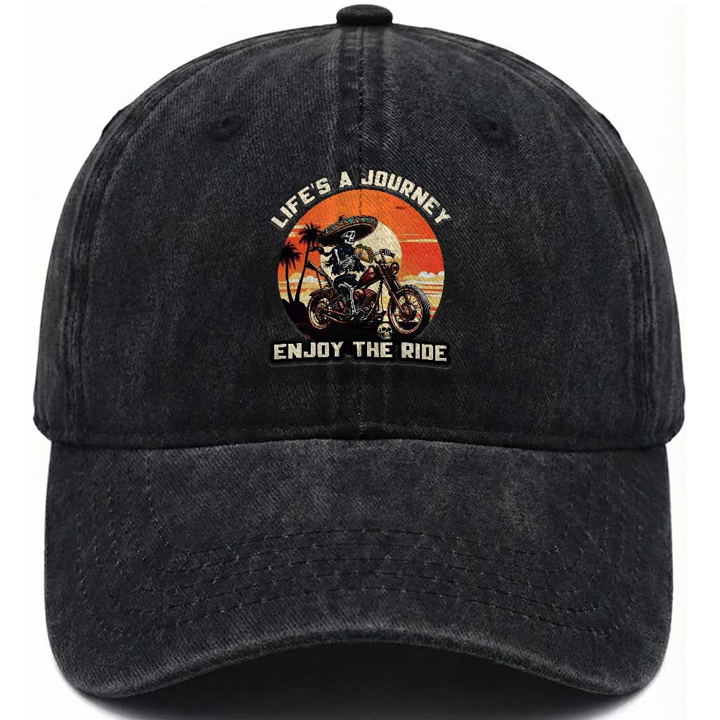 Funny Skeleton Mexican Motorcycle Biker Washed Cotton Baseball Cap Life Is A Journey Enjoy the Ride TS14 Washed Cap Universal Fit Black Print Your Wear