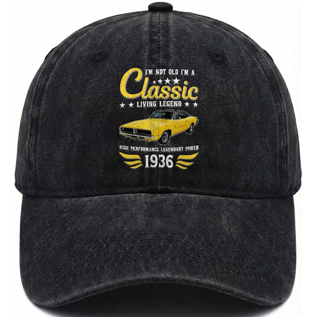 90th Birthday Classic Car For Legends Born In 1936 Washed Cotton Baseball Cap I'm Not Old I'm Classic Vintage High Performance American Muscle Car