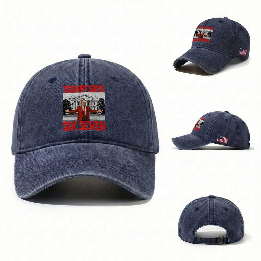 67 Six Seven Trump Christmas Washed Cotton Baseball Cap TS14 Washed Cap Universal Fit Navy Print Your Wear