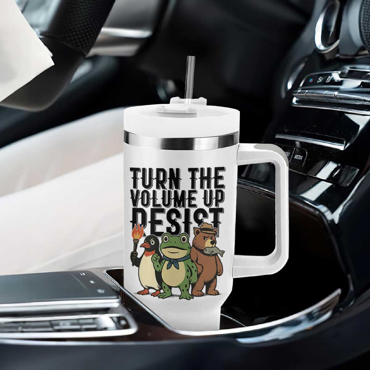 Turn The Volume Up Resist Tumbler With Handle Portland Frog Bear Penguin Protester TS14 Print Your Wear