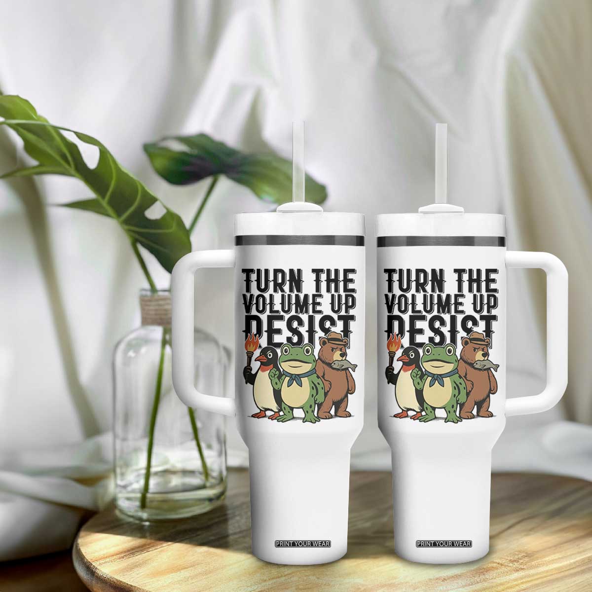 Turn The Volume Up Resist Tumbler With Handle Portland Frog Bear Penguin Protester TS14 Print Your Wear