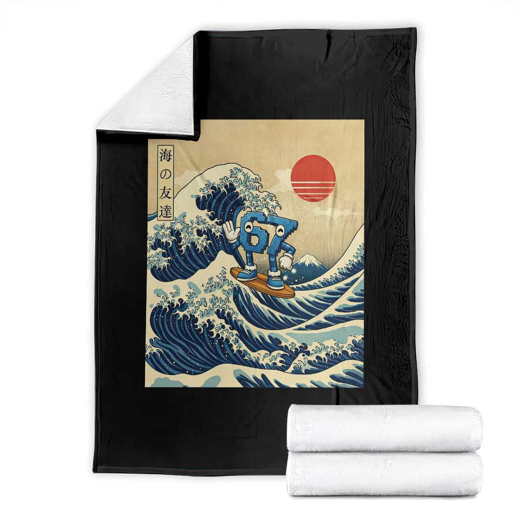 Funny Six Seven Surfing Throw Blanket The Great Wave Kanagawa Japanese 67 Brainrot Meme TS14 Black Print Your Wear