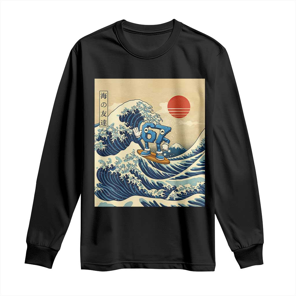 Funny Six Seven Surfing Long Sleeve Shirt The Great Wave Kanagawa Japanese 67 Brainrot Meme TS14 Black Print Your Wear