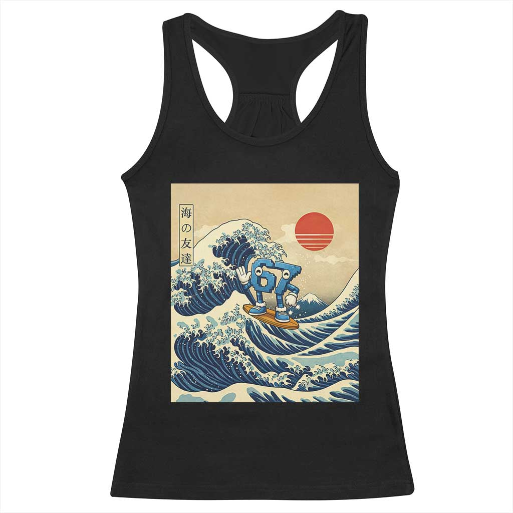 Funny Six Seven Surfing Racerback Tank Top The Great Wave Kanagawa Japanese 67 Brainrot Meme TS14 Black Print Your Wear