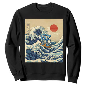 Funny Six Seven Surfing Sweatshirt The Great Wave Kanagawa Japanese 67 Brainrot Meme TS14 Black Print Your Wear