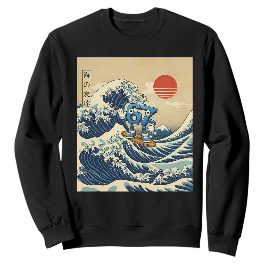 Funny Six Seven Surfing Sweatshirt The Great Wave Kanagawa Japanese 67 Brainrot Meme TS14 Black Print Your Wear