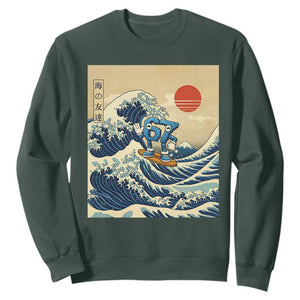 Funny Six Seven Surfing Sweatshirt The Great Wave Kanagawa Japanese 67 Brainrot Meme TS14 Dark Forest Green Print Your Wear