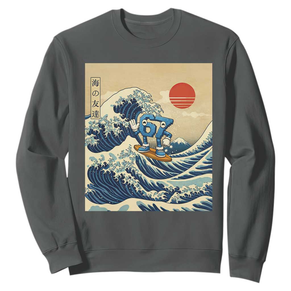 Funny Six Seven Surfing Sweatshirt The Great Wave Kanagawa Japanese 67 Brainrot Meme TS14 Dark Heather Print Your Wear