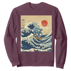 Funny Six Seven Surfing Sweatshirt The Great Wave Kanagawa Japanese 67 Brainrot Meme TS14 Maroon Print Your Wear