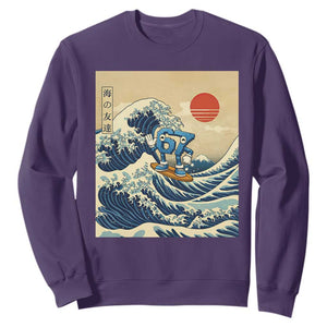 Funny Six Seven Surfing Sweatshirt The Great Wave Kanagawa Japanese 67 Brainrot Meme TS14 Purple Print Your Wear
