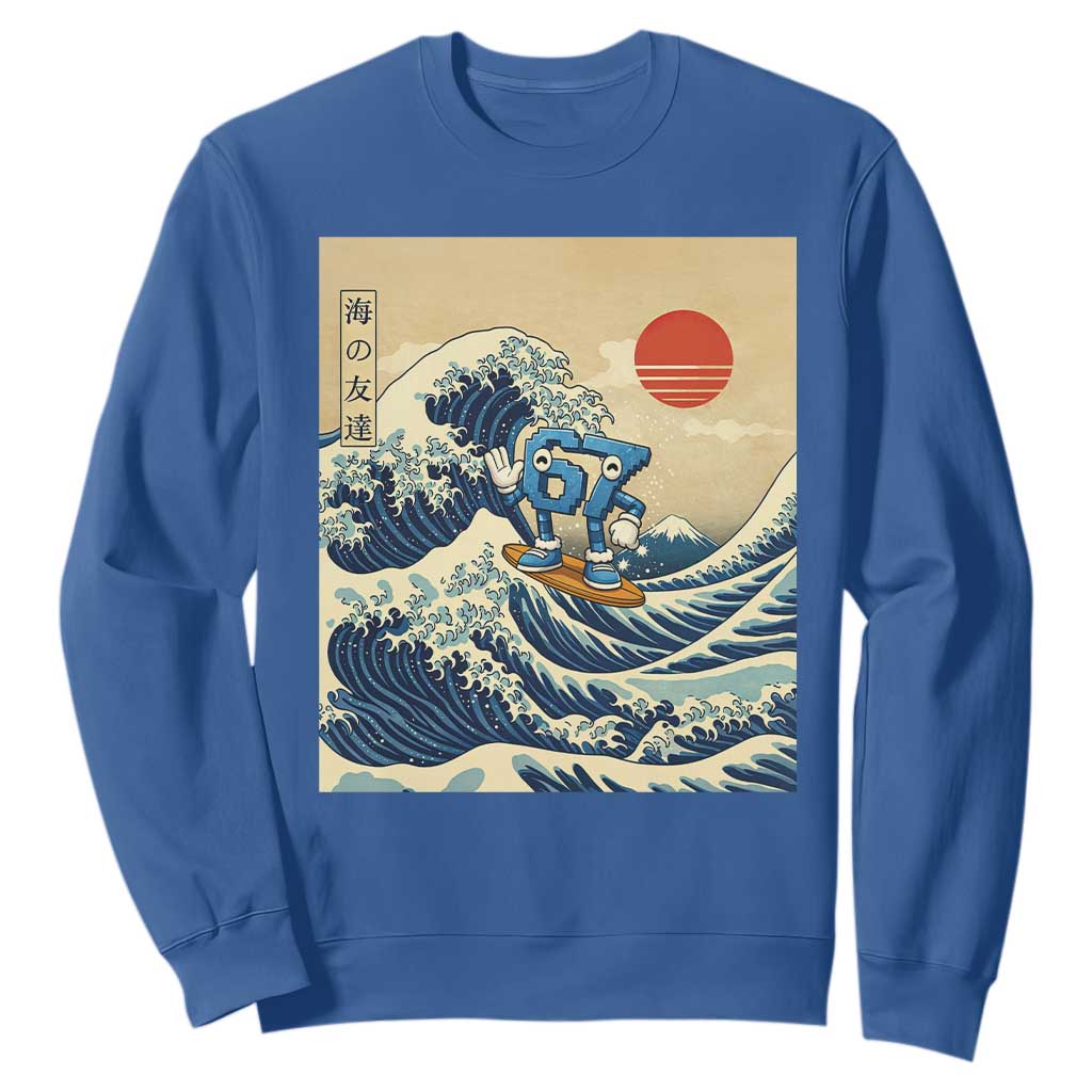 Funny Six Seven Surfing Sweatshirt The Great Wave Kanagawa Japanese 67 Brainrot Meme TS14 Royal Blue Print Your Wear