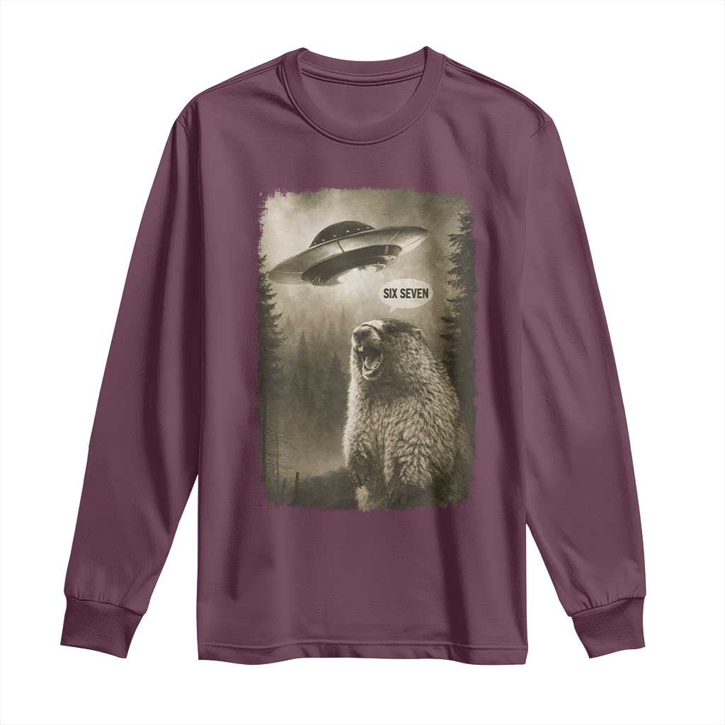 Funny Six Seven Long Sleeve Shirt Screaming Groundhog UFO Meme TS14 Maroon Print Your Wear