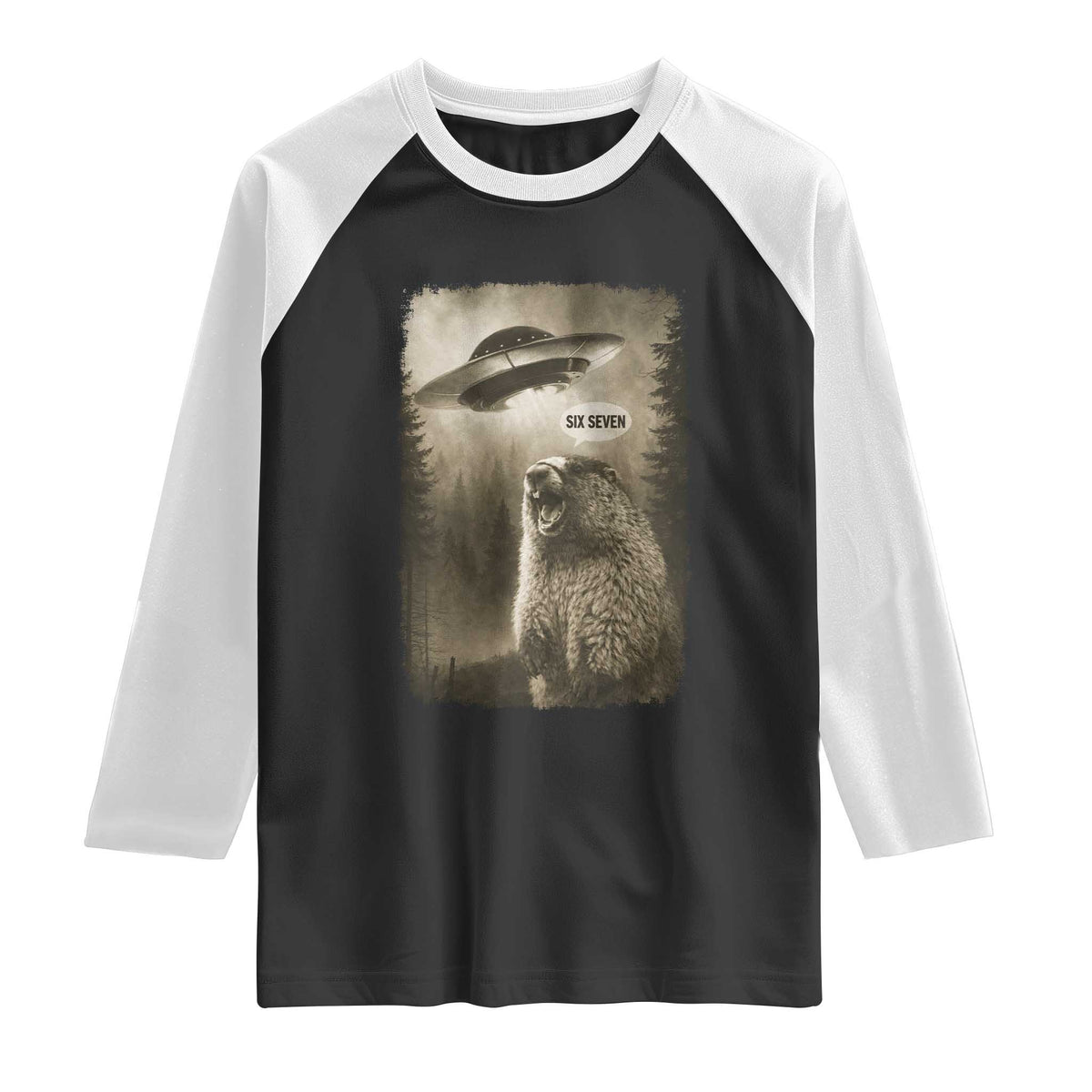Funny Six Seven Raglan Shirt Screaming Groundhog UFO Meme TS14 Black White Print Your Wear