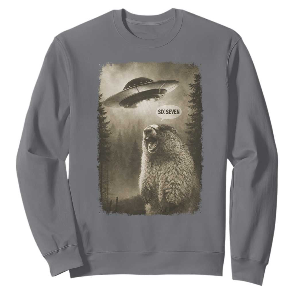 Funny Six Seven Sweatshirt Screaming Groundhog UFO Meme TS14 Charcoal Print Your Wear