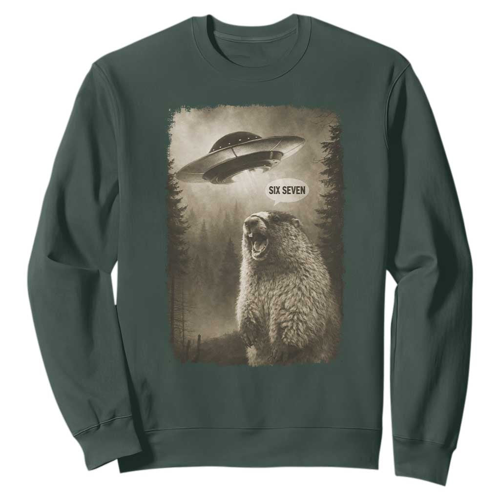 Funny Six Seven Sweatshirt Screaming Groundhog UFO Meme TS14 Dark Forest Green Print Your Wear