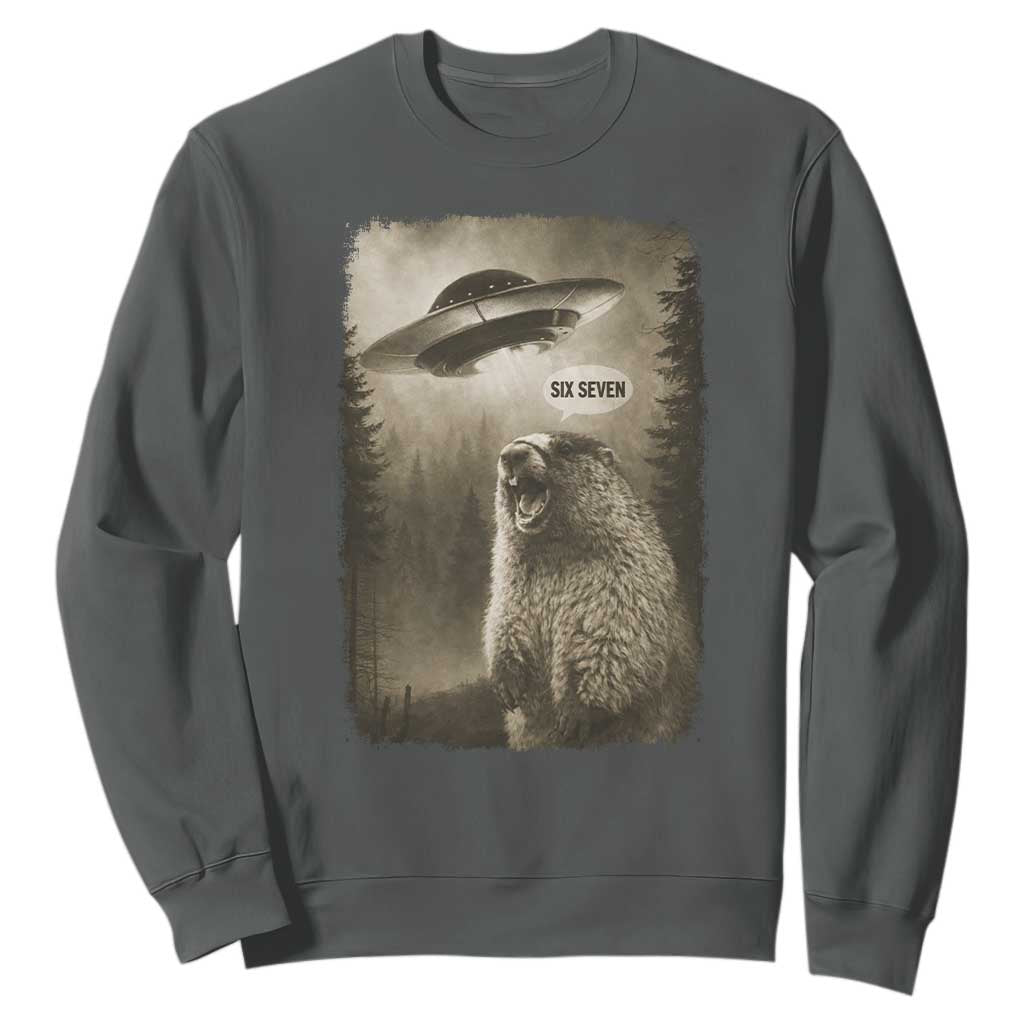 Funny Six Seven Sweatshirt Screaming Groundhog UFO Meme TS14 Dark Heather Print Your Wear