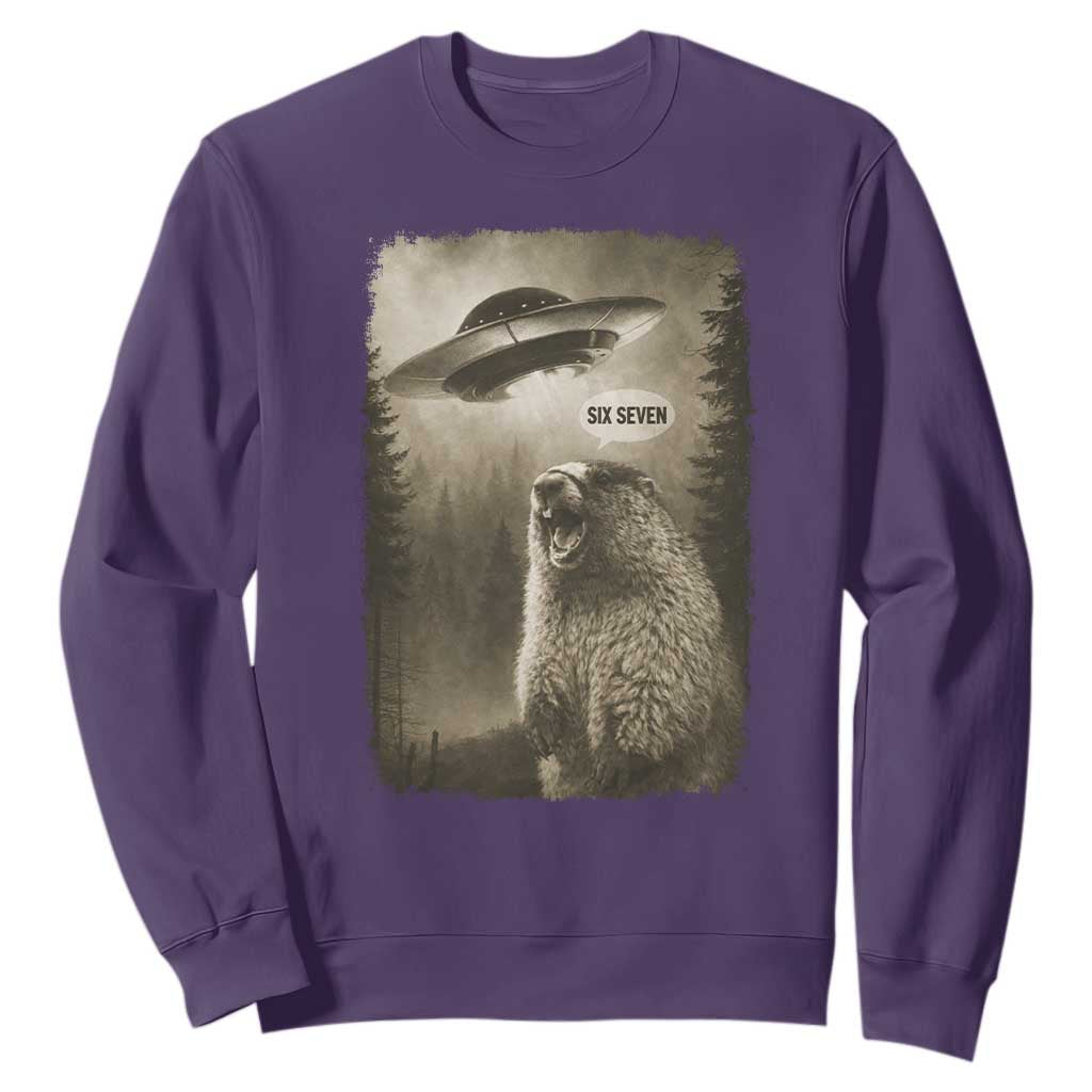 Funny Six Seven Sweatshirt Screaming Groundhog UFO Meme TS14 Purple Print Your Wear