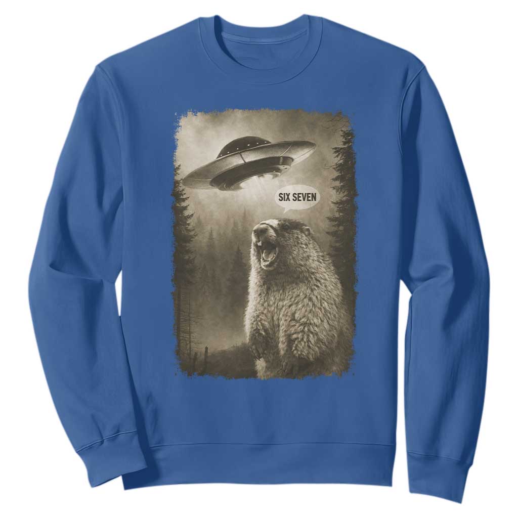 Funny Six Seven Sweatshirt Screaming Groundhog UFO Meme TS14 Royal Blue Print Your Wear