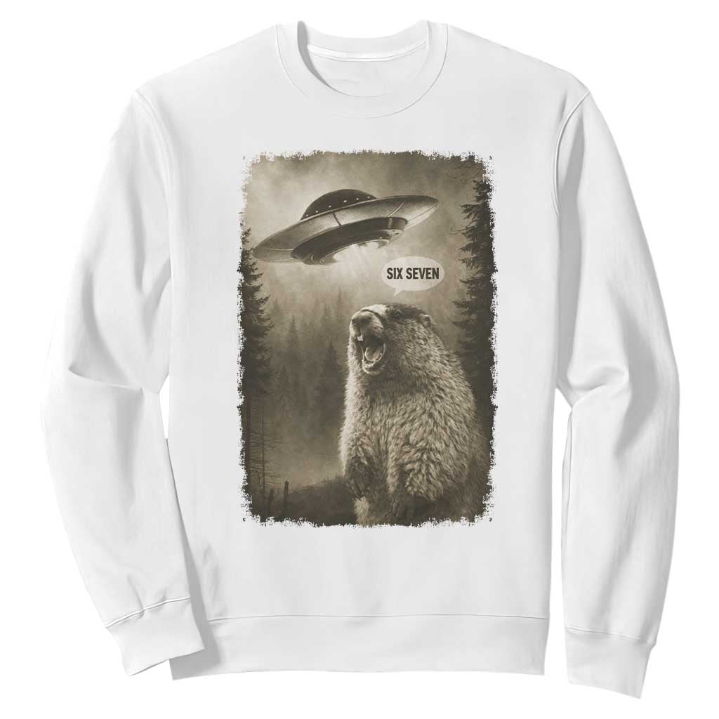 Funny Six Seven Sweatshirt Screaming Groundhog UFO Meme TS14 White Print Your Wear
