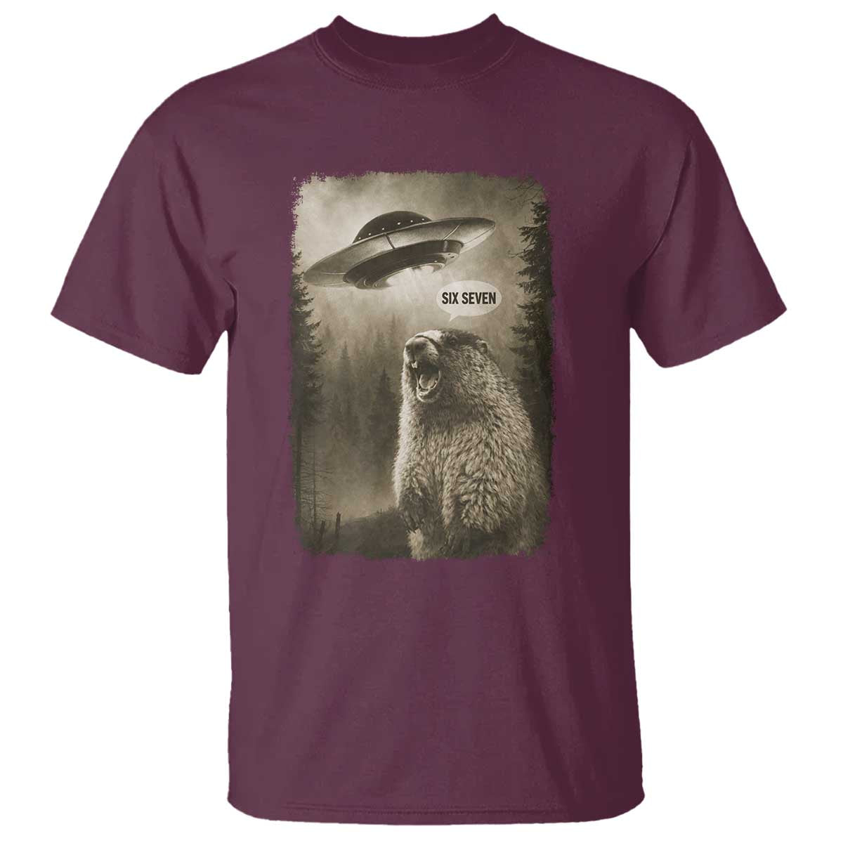 Funny Six Seven T Shirt Screaming Groundhog UFO Meme TS14 Maroon Print Your Wear