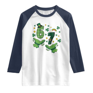 67 St Patricks Day Raglan Shirt Funny Six Seven Hands Meme TS14 White Navy Print Your Wear