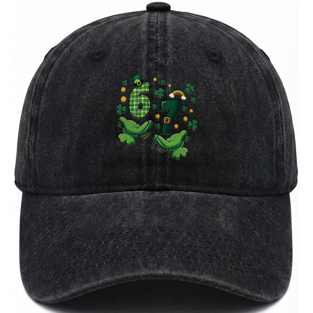 67 St Patricks Day Washed Cotton Baseball Cap Funny Six Seven Hands Meme TS14 Washed Cap Universal Fit Black Print Your Wear