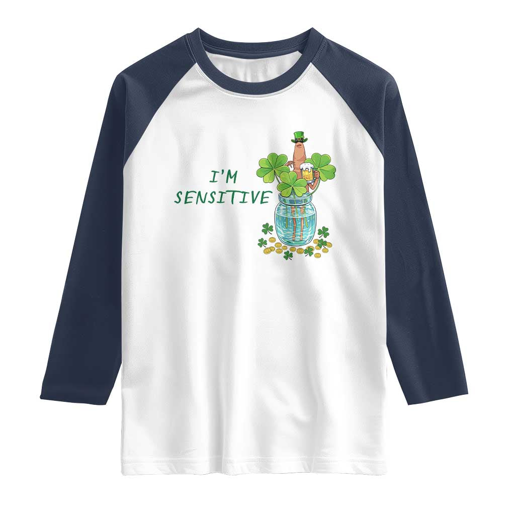 Marcus The Worm St Patricks Day Raglan Shirt I'm Sensitive TS14 White Navy Print Your Wear