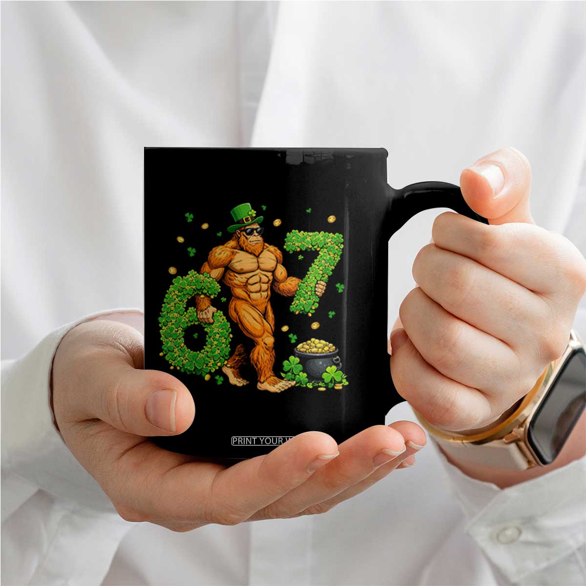 67 St Patricks Day Coffee Mug Funny Bigfoot Six Seven Shamrock Party Meme TS14 Print Your Wear