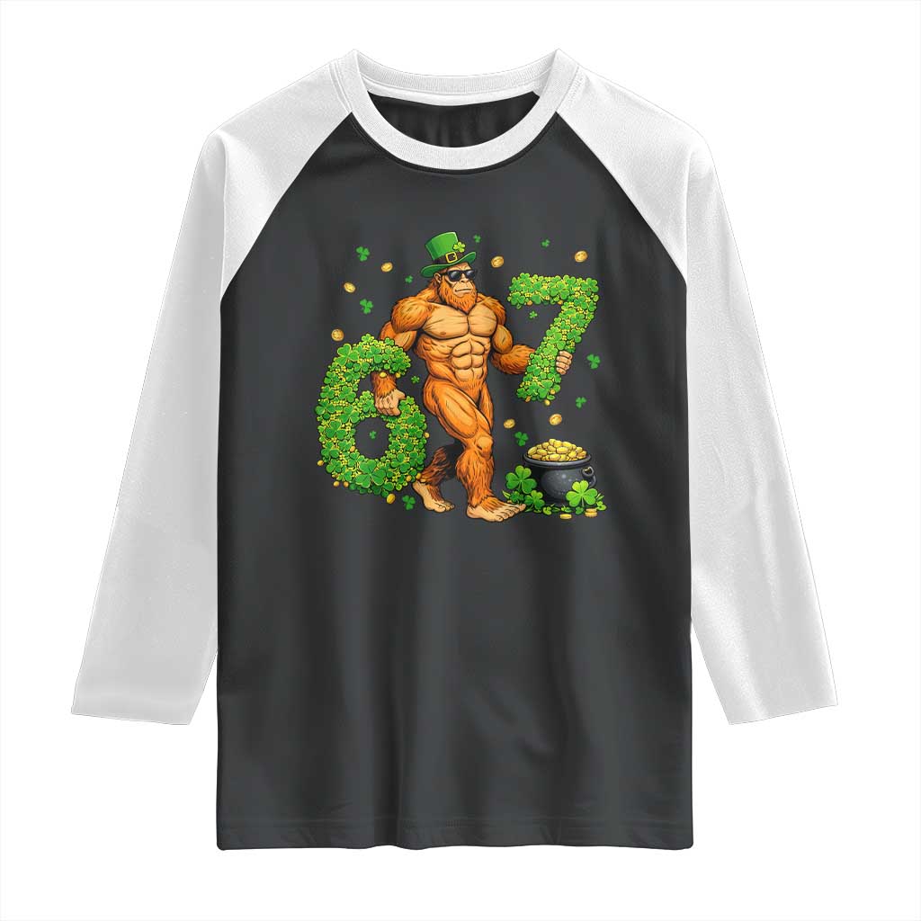 67 St Patricks Day Raglan Shirt Funny Bigfoot Six Seven Shamrock Party Meme TS14 Black White Print Your Wear
