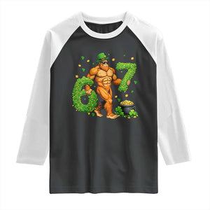 67 St Patricks Day Raglan Shirt Funny Bigfoot Six Seven Shamrock Party Meme TS14 Black White Print Your Wear