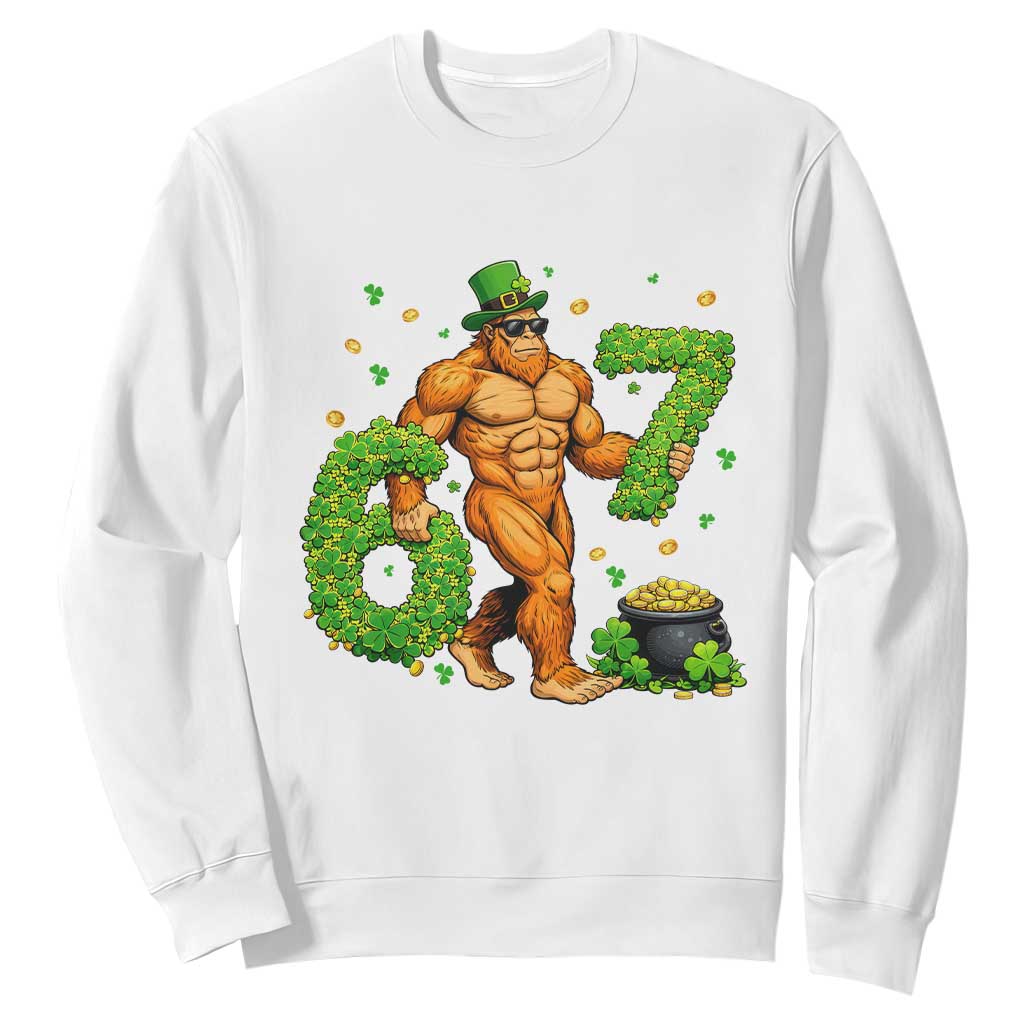 67 St Patricks Day Sweatshirt Funny Bigfoot Six Seven Shamrock Party Meme TS14 White Print Your Wear