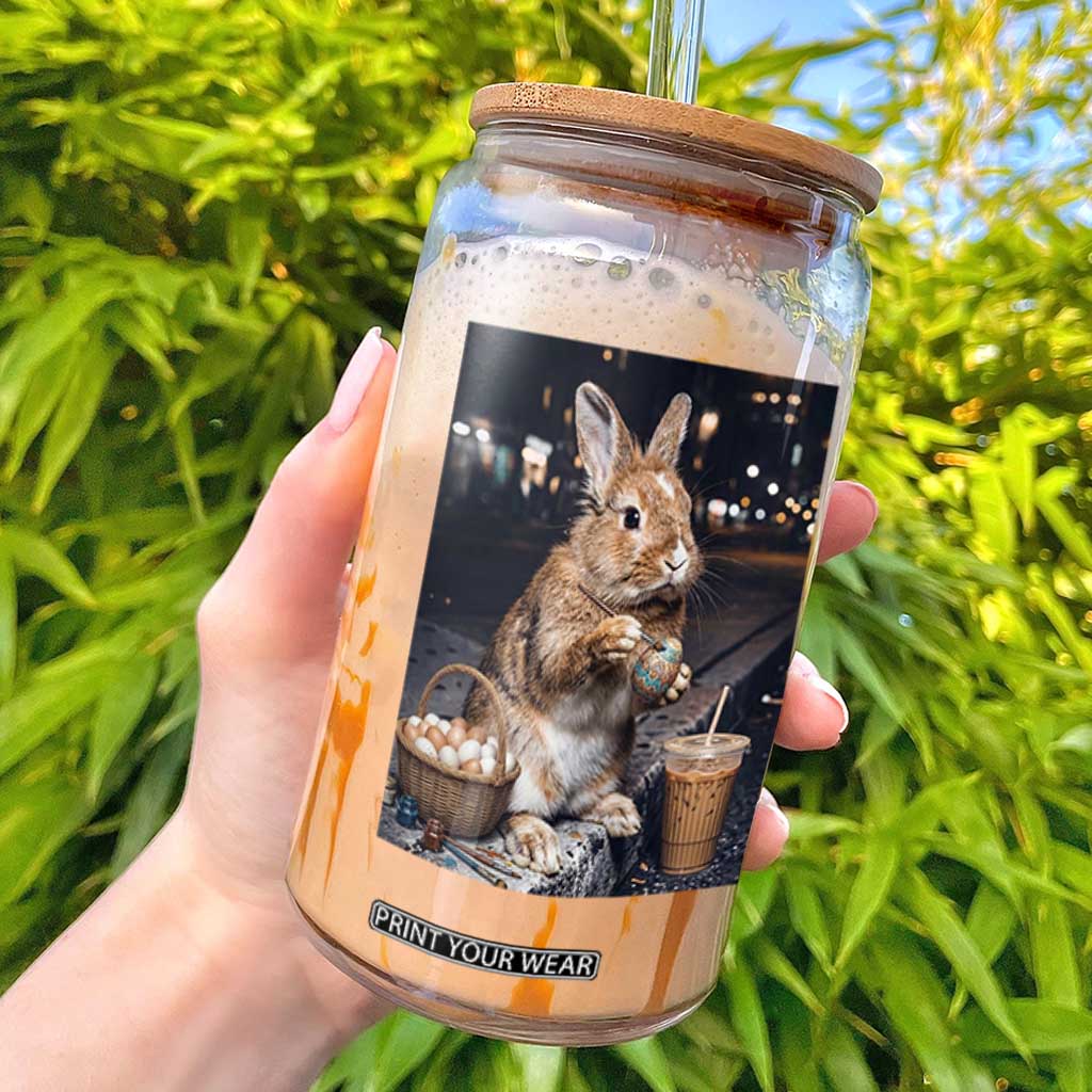 Easter Bunny Iced Coffee Glass Can Funny Rabbit Egg Painting TS14 Black Print Your Wear
