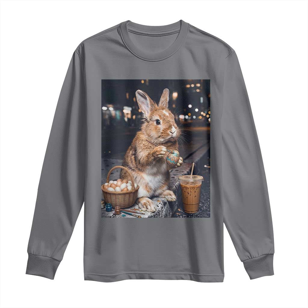 Easter Bunny Iced Coffee Long Sleeve Shirt Funny Rabbit Egg Painting TS14 Charcoal Print Your Wear