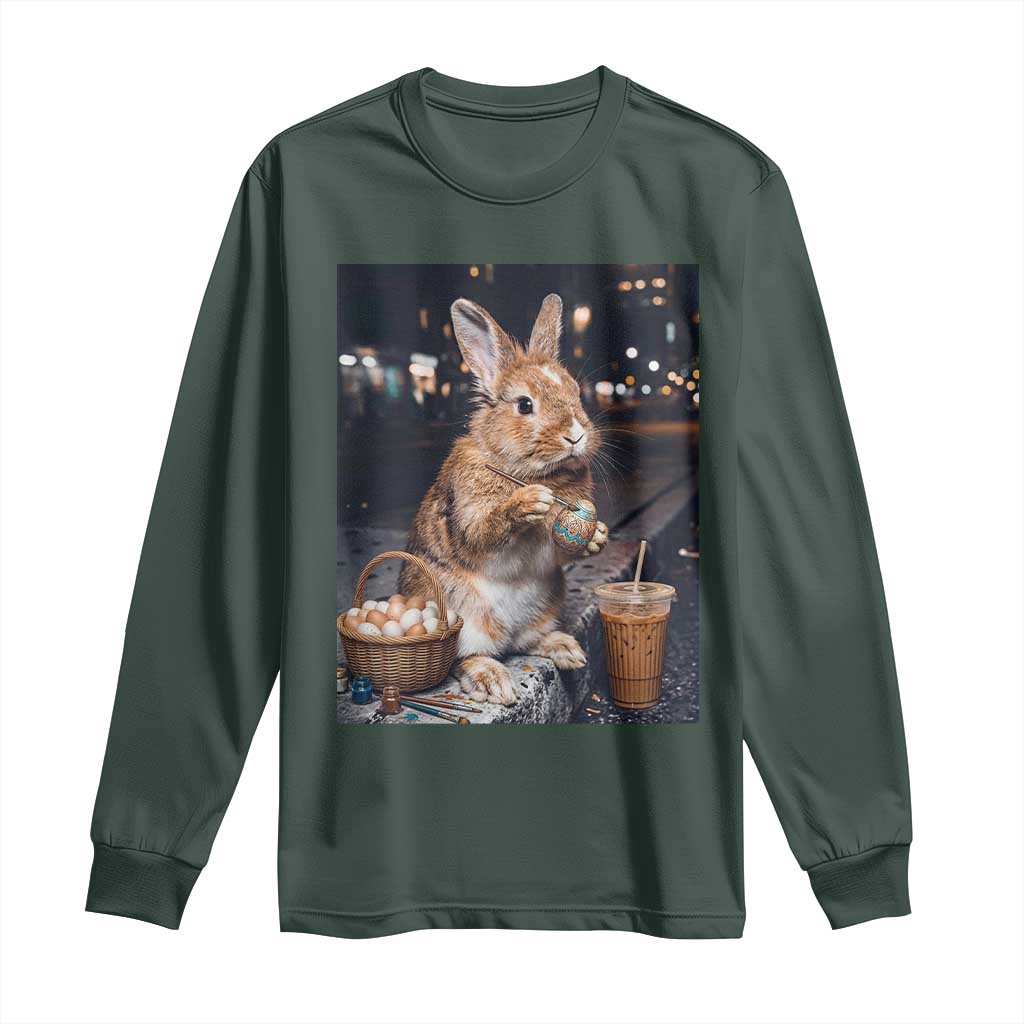 Easter Bunny Iced Coffee Long Sleeve Shirt Funny Rabbit Egg Painting TS14 Dark Forest Green Print Your Wear