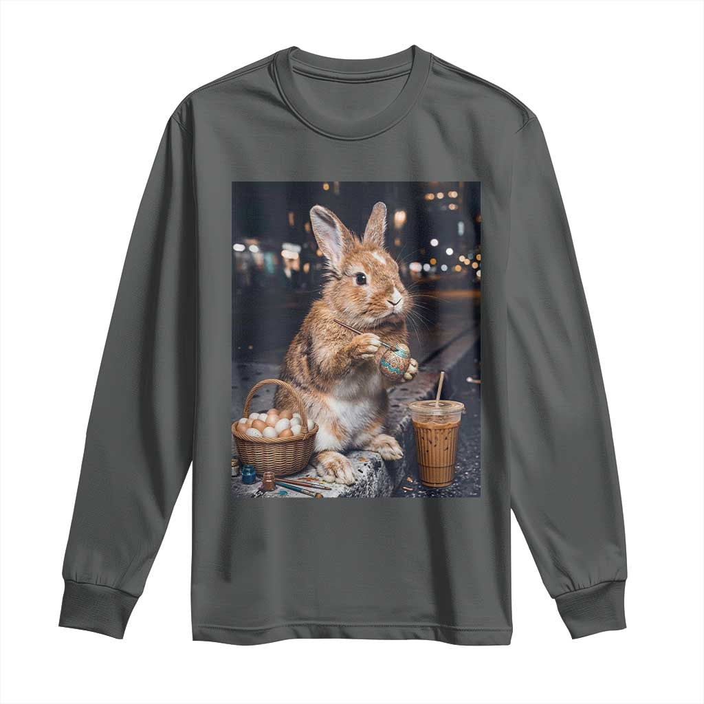 Easter Bunny Iced Coffee Long Sleeve Shirt Funny Rabbit Egg Painting TS14 Dark Heather Print Your Wear