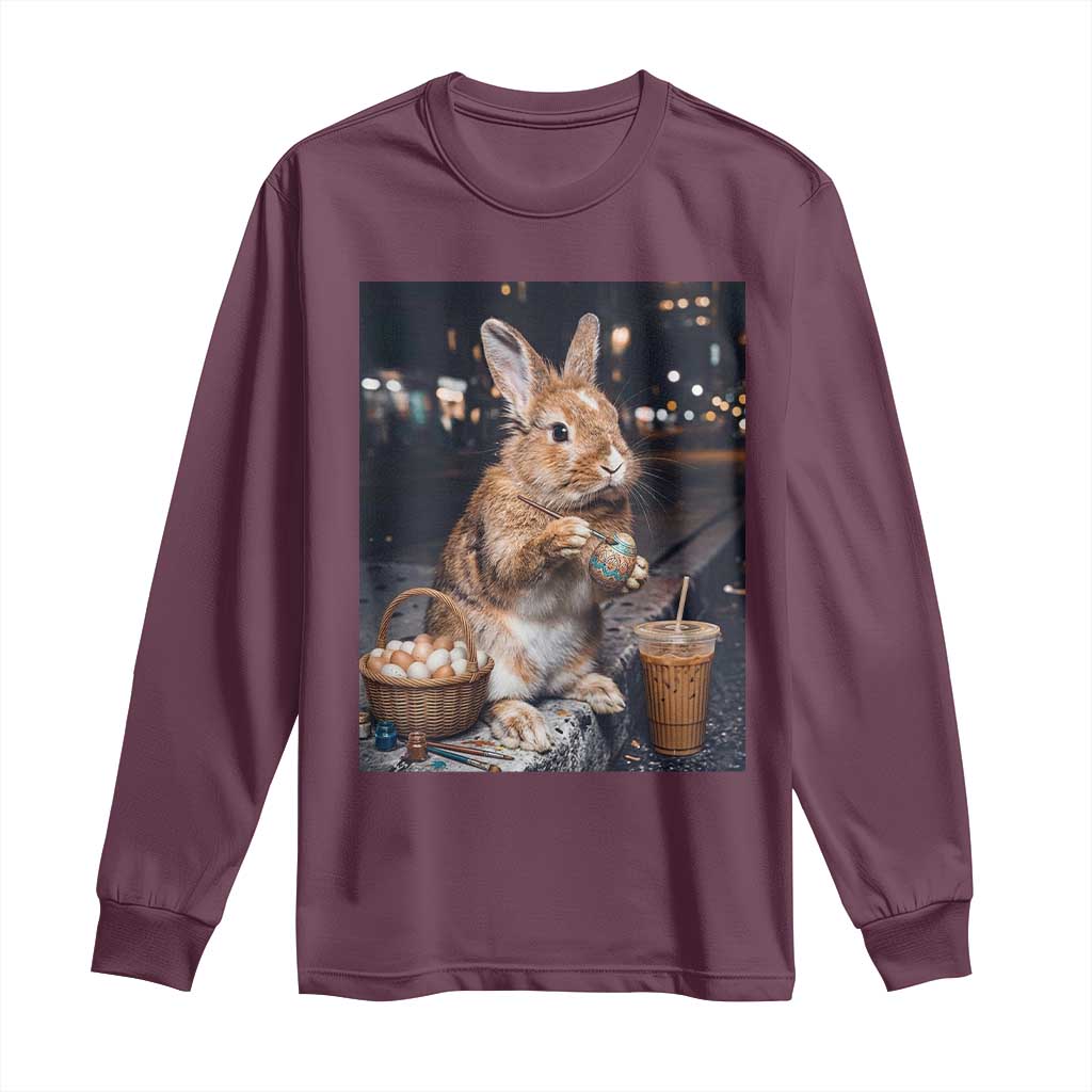 Easter Bunny Iced Coffee Long Sleeve Shirt Funny Rabbit Egg Painting TS14 Maroon Print Your Wear